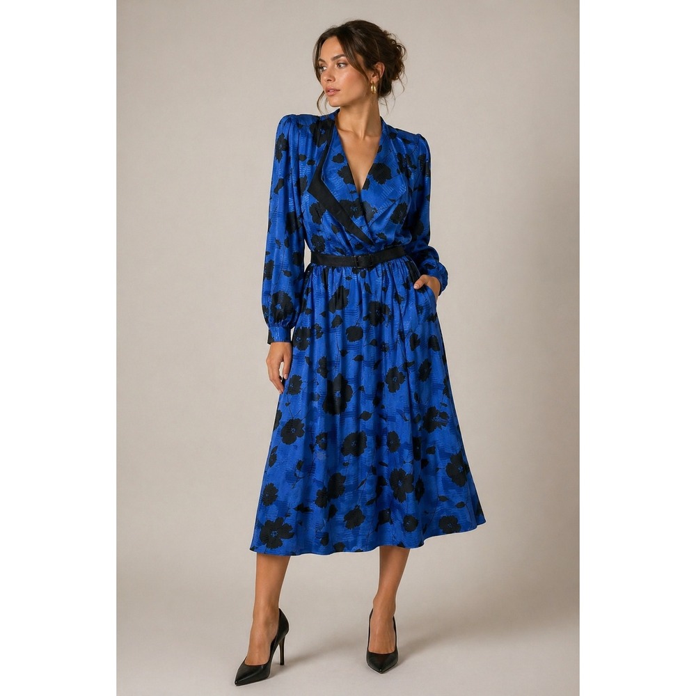 Vintage Midi Dress 80s Retro Office Cobalt Blue Floral Polyester‎ Size 8